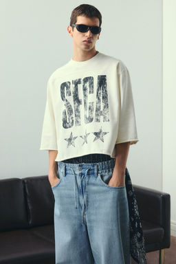 H&M - Men White Oversized Fit Cropped T-Shirt