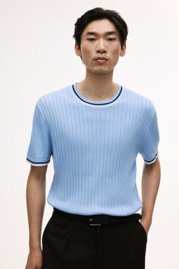 H&M - Men Blue Slim Fit Rib-Knit T-Shirt