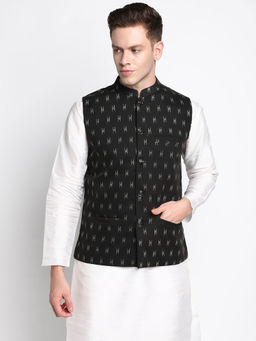 Devoiler - Men Black Printed Pure Cotton Nehru Jacket