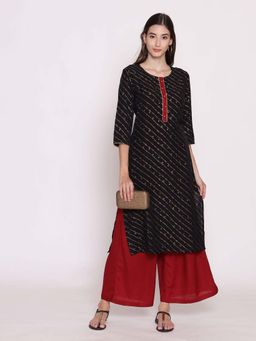 Shree - Women Muslin Black Bandhani Printed Kurta With Palazzo (Set Of 2)