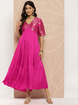 FASHOR - Pink Solid Brocade Woven Cut- Out Tiered Maxi Dress