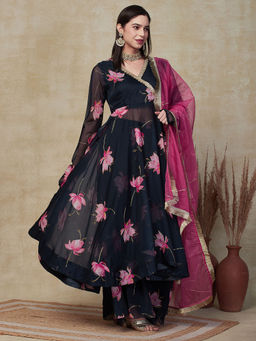 FASHOR - Navy Blue Lotus Painted Angarkha Kurta with Palazzo and Dupatta (Set of 3)