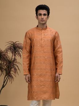 NEUDIS - Men Orange Jacquard Silk Blend Long Kurta