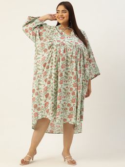 theRebelinme - Plus Size Womens Sea Green Floral Printed Kaftan Midi Dress