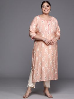 Extra love by Libas - Plus Size Women Peach Printed Silk Straight Kurtas for Women
