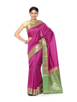 Banarasi Silk Works - Magenta Valkalam Katan Silk Anchal Saree with Unstitched Blouse