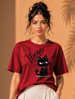 FLCN - Red Wow Cat Graphic Printed Oversized T-Shirt