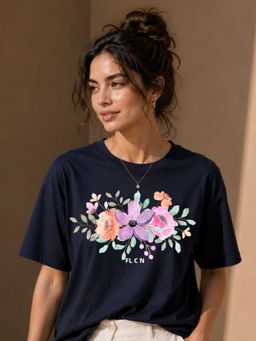 FLCN - Navy Blue Watercolour Flowers Graphic Printed Oversized T-Shirt