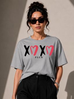 FLCN - Gray Hugs and Kisses Graphic Printed Oversized T-Shirt