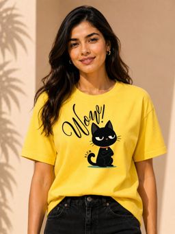 FLCN - Yellow Wow Cat Graphic Printed Oversized T-Shirt