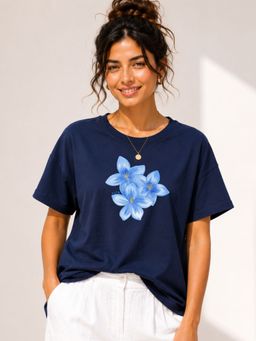 FLCN - Navy Blue Flowers Graphic Printed Oversized T-Shirt