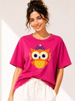 FLCN - Magenta Owl Graphic Printed Oversized T-Shirt