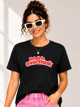FLCN - Black Hot Girls Overthink Graphic Printed Oversized T-Shirt
