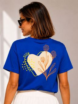 FLCN - Royal Blue Ivory Heart Boho Graphic Printed Oversized T-Shirt