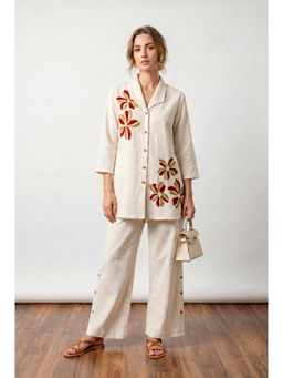 Jisora - Women Button Fly Embroidered Off White Co-Ord Set