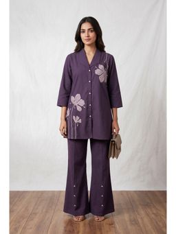 Jisora - Women Embroidered Purple Three Fourth Sleeves Co-Ord Set