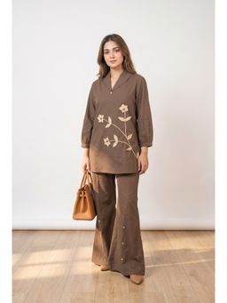 Jisora - Women Cotton Embroidered Brown Co-Ord Set