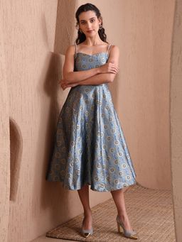 PURVAJA - Blue Women Fit and Flare Midi Sleeveless Shoulder Strap Dress