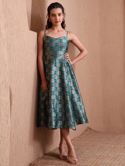 PURVAJA - Teal Women Fit and Flare Midi Sleeveless Shoulder Strap Dress