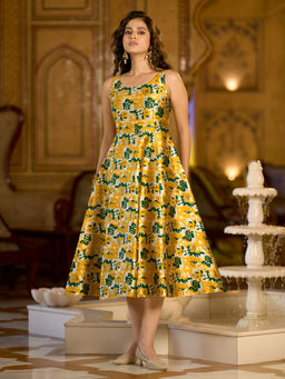 PURVAJA - Yellow Women Flared Midi Sleeveless Round Dress
