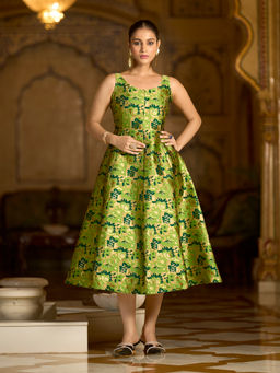 PURVAJA - Green Women Flared Midi Sleeveless Round Dress