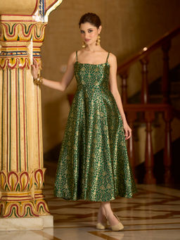 PURVAJA - Green Women Fit and Flare Sleeveless Midi Length Shoulder Strap Dress