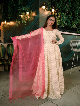 Vinya - White Banarasi Cotton Fit & Flare Dress With Organza Dupatta (Set of 2)