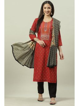 Biba - Red Cotton Unstitched Suit (Set of 3)