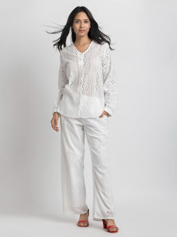 SHAYE - White Schiffli Embroidered Cotton Casual Co-Ord for Women (Set of 2)
