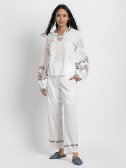SHAYE - White Embroidered Cotton Casual Co-Ord for Women (Set of 2)