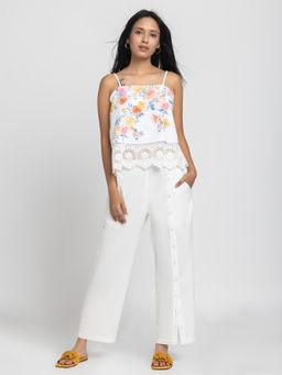 SHAYE - White Floral Print Cotton Casual Co-Ord for Women (Set of 2)