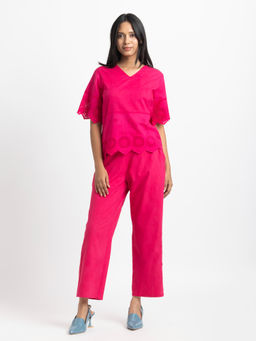 SHAYE - Fuchsia Schiffli Embroidered Cotton Casual Co-Ord for Women (Set of 2)