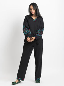 SHAYE - Black Embroidered Cotton Casual Co-Ord for Women (Set of 2)