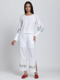 SHAYE - White Embroidered Cotton Casual Co-Ord for Women (Set of 2)