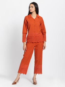 SHAYE - Rust V-Neck Schiffli Cotton Casual Co-Ord for Women (Set of 2)