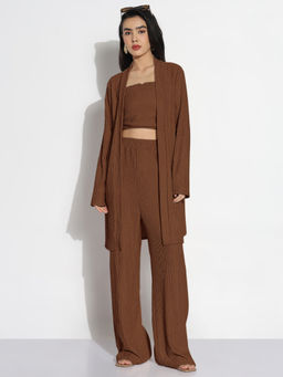 SHOWOFF - Women Brown Solid Co-Ord Set with Shrug (Set of 3)