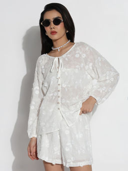 SHOWOFF - Women White Embroidered Co-Ord Set (Set of 2)