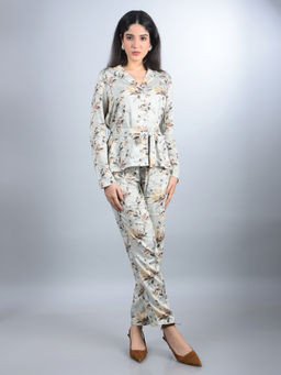 CRIMSOUNE CLUB - Multi-Color Women Multi-Color Floral Print Co-Ord Set with Belt (Set of 2)