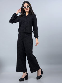 CRIMSOUNE CLUB - Women Black 100% Cotton Floral Print Semi-Sheer Co-Ord Set (Set of 2)