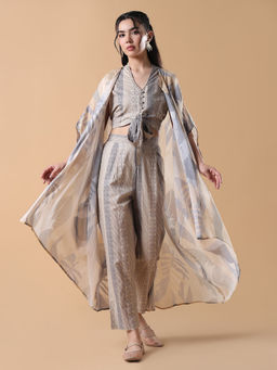 SHOWOFF - Women Beige Printed Co-Ord Set with Shrug (Set of 3)