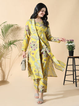 SHOWOFF - Women Yellow Printed Co-Ord Set with Shrug (Set of 3)