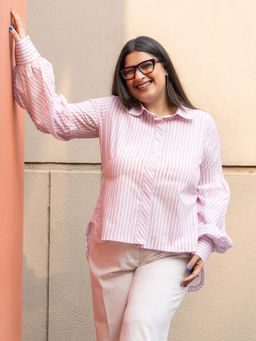 GulaboSitabo - Baby Pink Stripe Pure Cotton Shirt with Puffed Sleeves