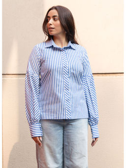GulaboSitabo - Blue Stripe Pure Cotton Shirt with Puffed Sleeves