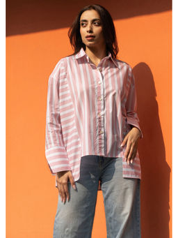 GulaboSitabo - Baby Pink Broad Stripe Pure Cotton Oversized Shirt