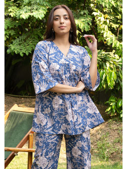 GulaboSitabo - Blue Floral Printed Pure Cotton Block Printed Top