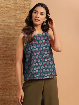 Janasya - Women Green Pure Cotton Floral Printed Top