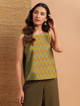 Janasya - Women Mustard Pure Cotton Floral Printed Top