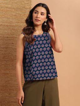 Janasya - Women Blue Pure Cotton Floral Printed Top
