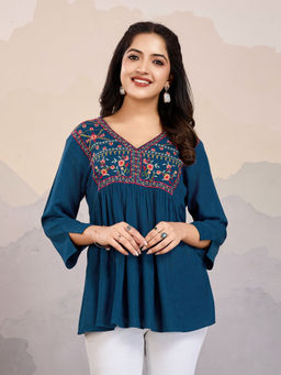 MOJILAA - Women Teal Pure Viscose Floral Embroidered A-Line Top
