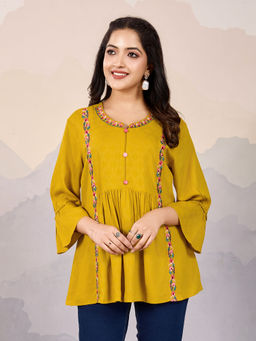 MOJILAA - Women Mustard Pure Viscose Floral Embroidered Top